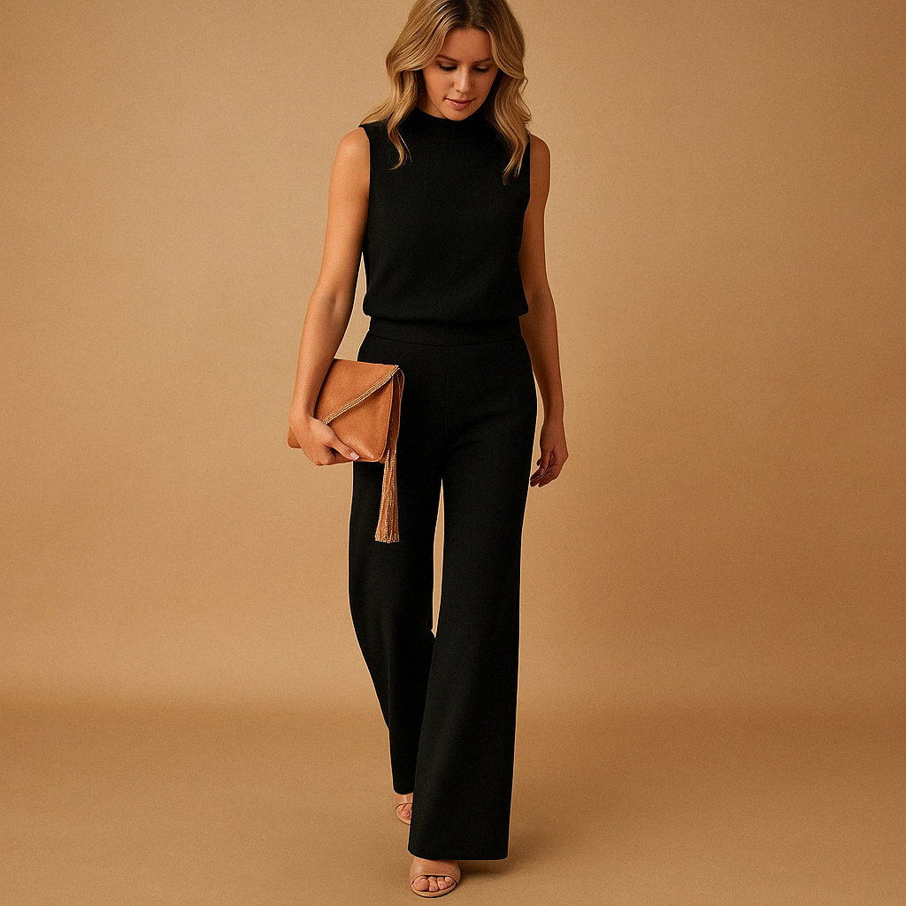 Women’s elegant wide-leg jumpsuit with mid-waist fit and round neckline, perfect for work, evenings, and formal occasions.