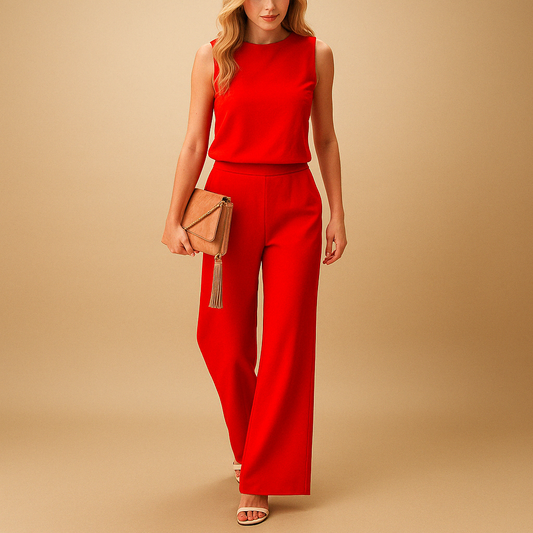 Women’s elegant wide-leg jumpsuit with mid-waist fit and round neckline, perfect for work, evenings, and formal occasions.