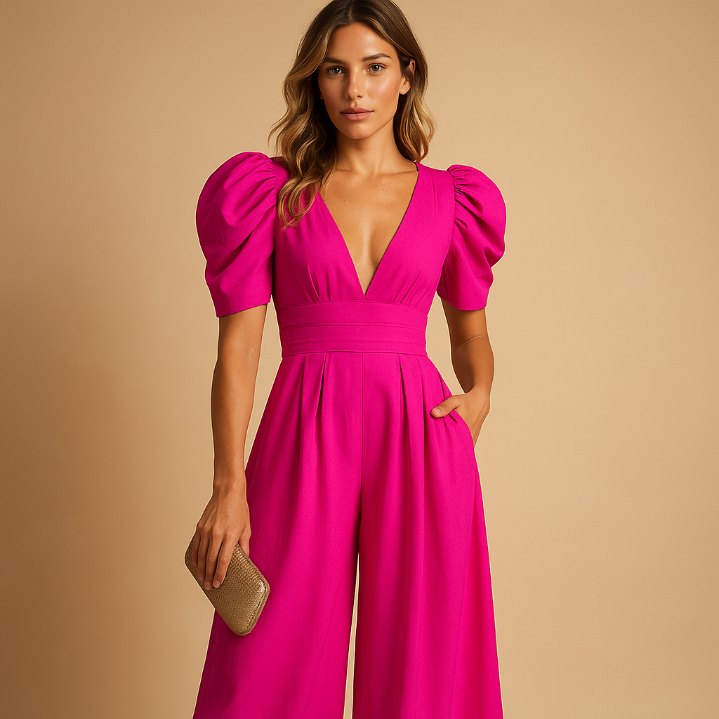 Women’s long elegant jumpsuit with tailored fit, available in peach, black, yellow, turquoise, and rose red, perfect for formal events and galas.