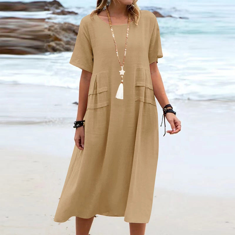Short Sleeve Linen Dress for Women with Relaxed Cut and Side Pockets in Dark Khaki, studio front view