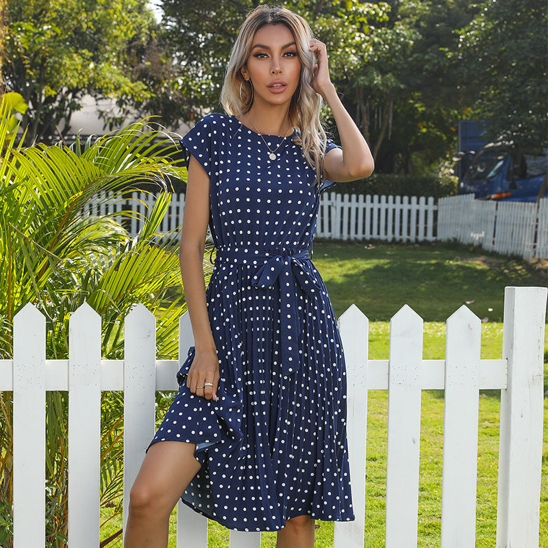 Short Sleeve Midi Dress for Women with Polka Dot Print and Tie Waist, studio back view