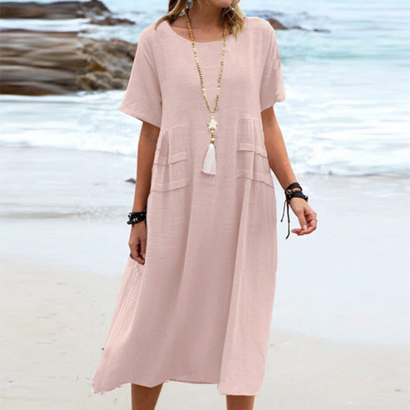 Short Sleeve Linen Dress for Women with Relaxed Cut and Side Pockets in Pink, studio front view