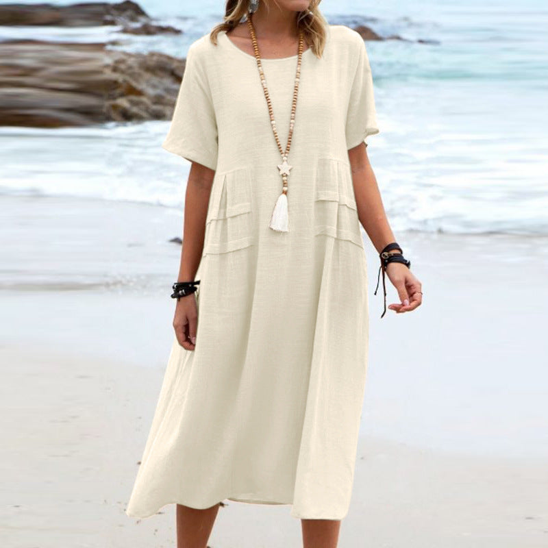 Short Sleeve Linen Dress for Women with Relaxed Cut and Side Pockets in Khaki, studio front view