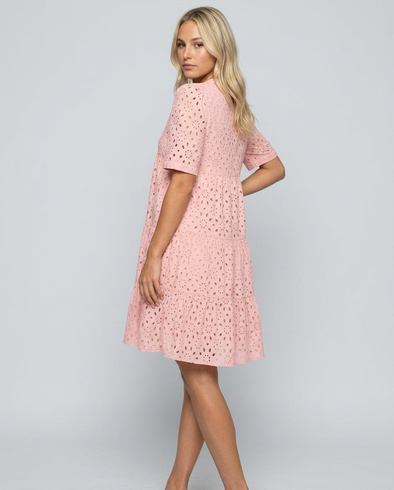 Short Sleeve A-Line Dress for Women with Eyelet Lace and Ruffle Hem, detail view