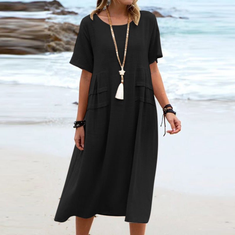 Short Sleeve Linen Dress for Women with Relaxed Cut and Side Pockets in Black, studio front view