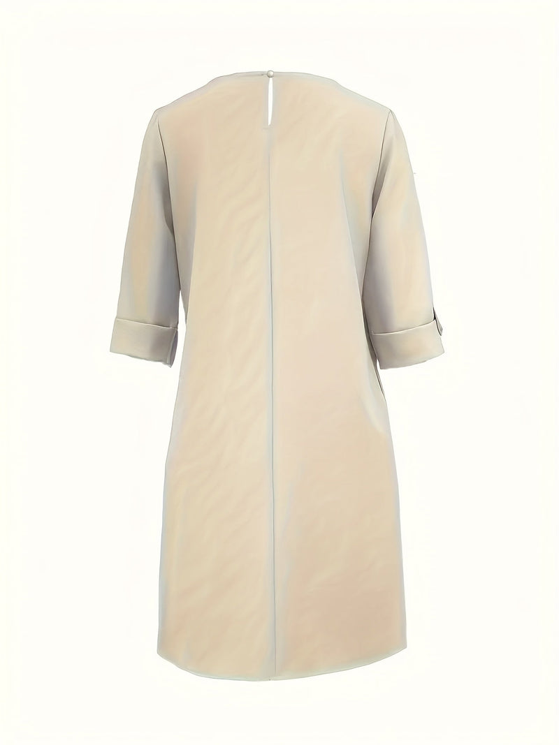 Linen Shift Dress for Women with 3/4 Sleeves and Side Pockets, detail view