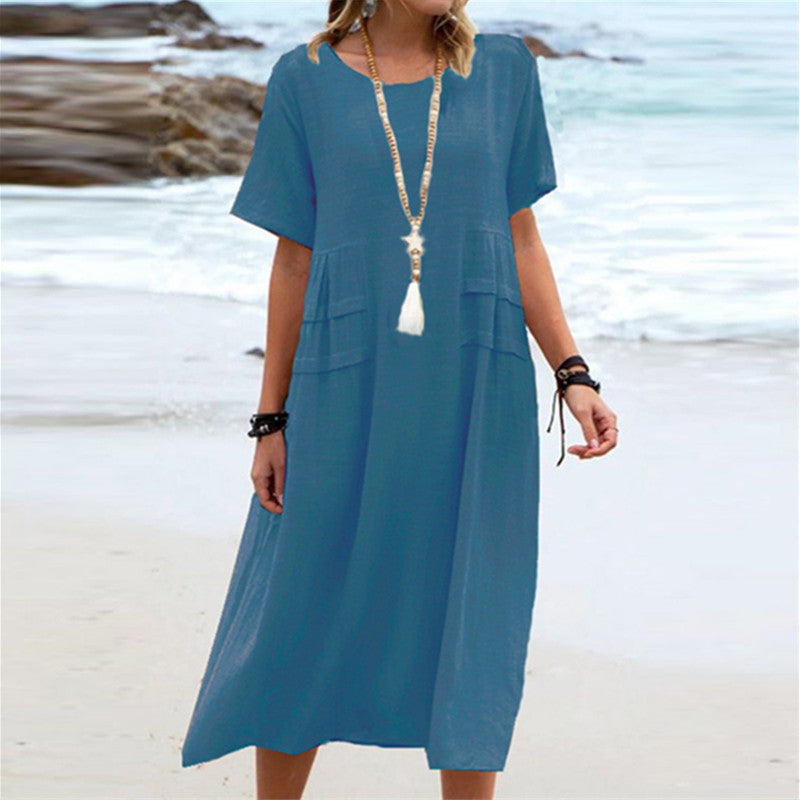 Short Sleeve Linen Dress for Women with Relaxed Cut and Side Pockets in Blue, studio front view
