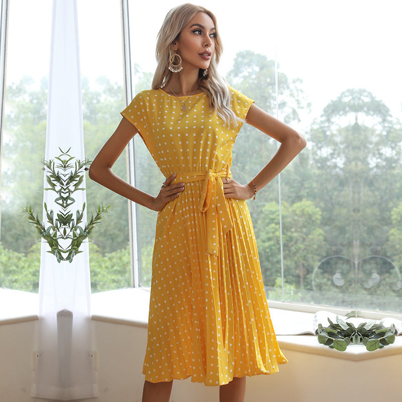Short Sleeve Midi Dress for Women with Polka Dot Print and Tie Waist in Yellow, studio front view