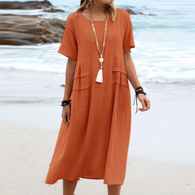 Short Sleeve Linen Dress for Women with Relaxed Cut and Side Pockets, studio back view