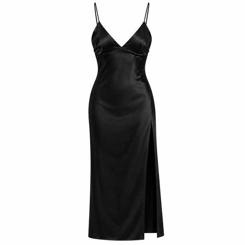 Black Maxi Dress Formal for Women with V-Neck and High Side Slit, studio front view