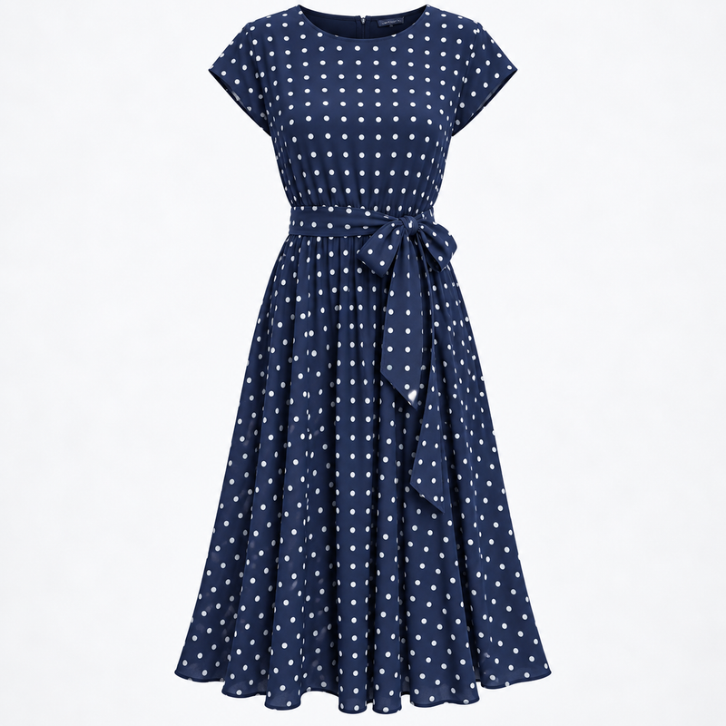 Short Sleeve Midi Dress for Women with Polka Dot Print and Tie Waist, studio front view