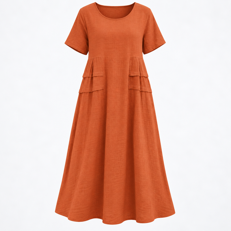 Short Sleeve Linen Dress for Women with Relaxed Cut and Side Pockets, studio front view