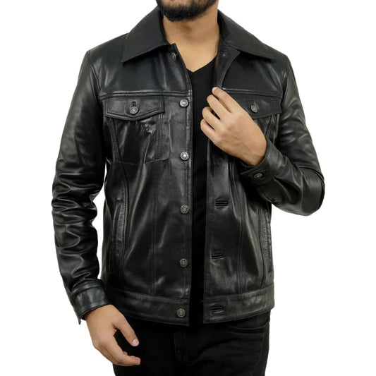Mens Bold Black Leather Trucker Coat
