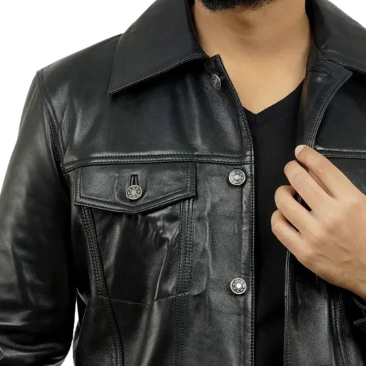 Mens Bold Black Leather Trucker Coat