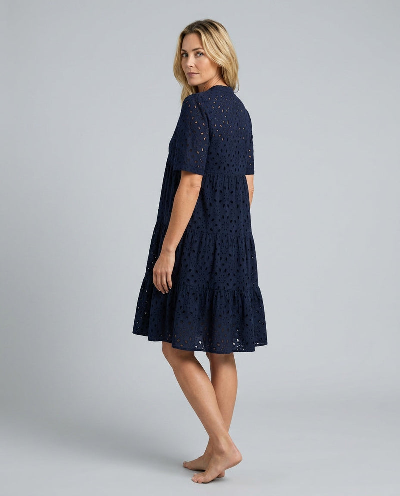Short Sleeve A-Line Dress for Women with Eyelet Lace and Ruffle Hem, studio side view