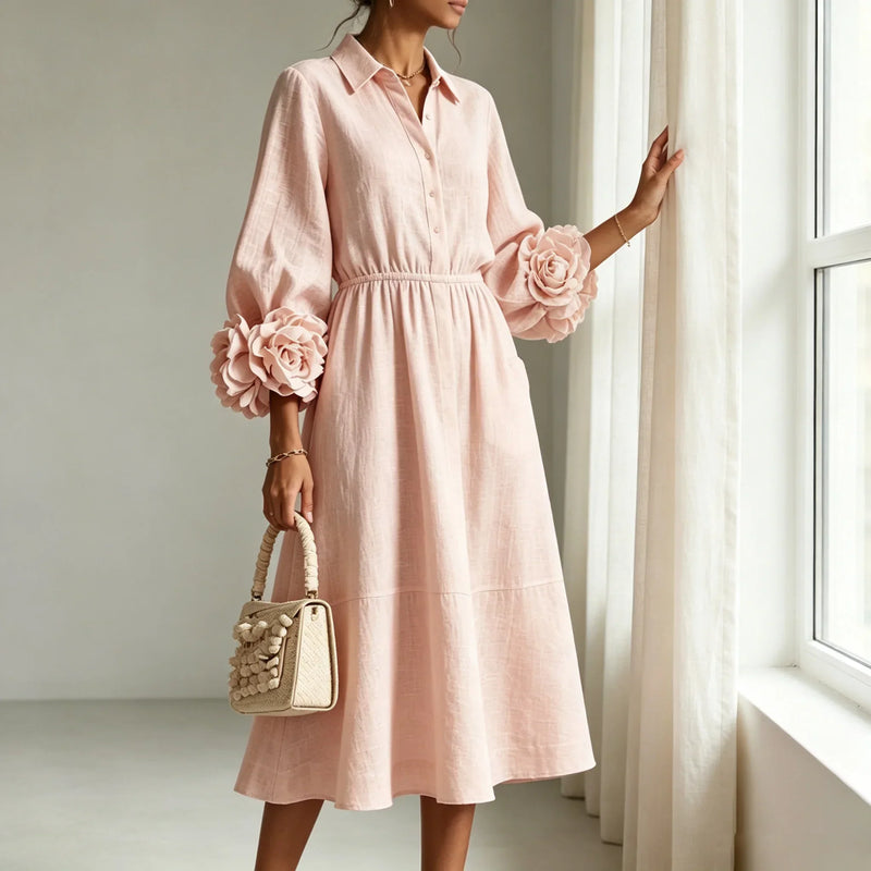 Collared Midi Dress for Women with 3D Floral Cuffs and Side Pockets, studio back view