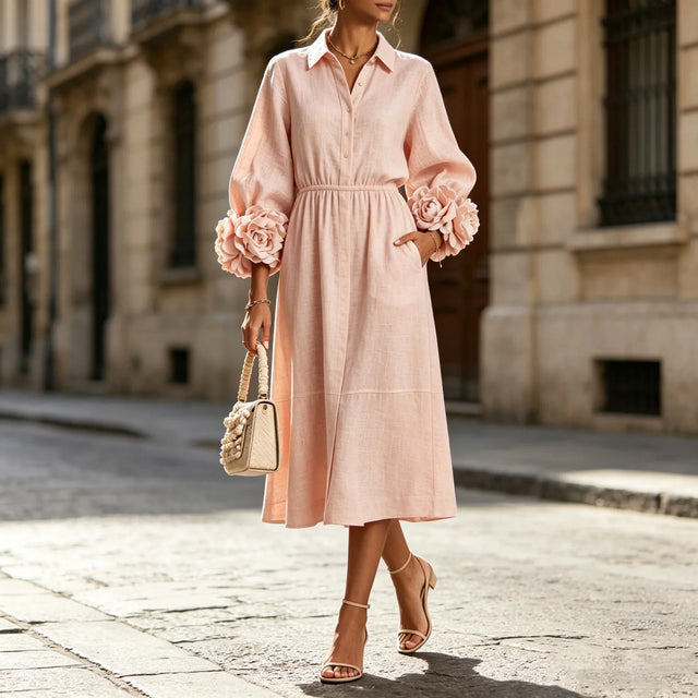 Collared Midi Dress for Women with 3D Floral Cuffs and Side Pockets, studio front view