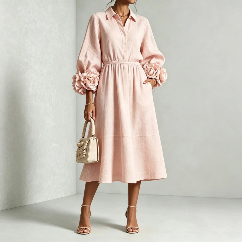 Collared Midi Dress for Women with 3D Floral Cuffs and Side Pockets in Pink, studio front view