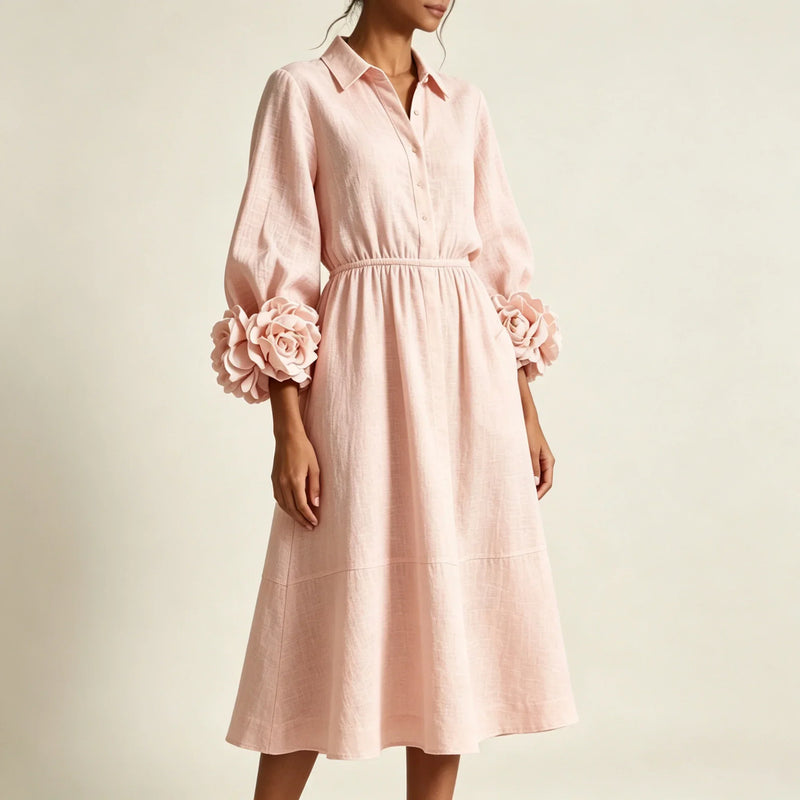 Collared Midi Dress for Women with 3D Floral Cuffs and Side Pockets, studio side view