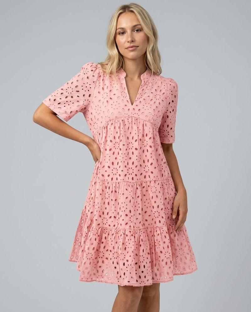 Short Sleeve A-Line Dress for Women with Eyelet Lace and Ruffle Hem in Pink, studio front view