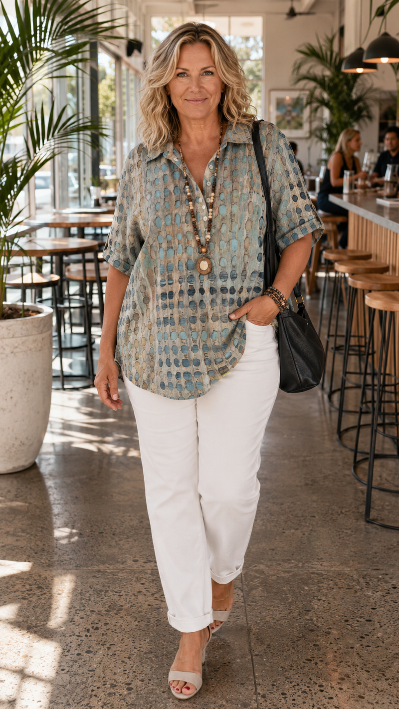 Collared Shirt for Women with Abstract Dot Print and Half Button Placket in Green, styled view
