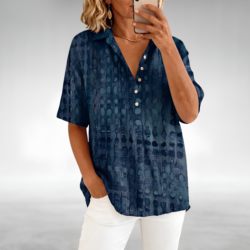Collared Shirt for Women with Abstract Dot Print and Half Button Placket in Navy Blue, front view