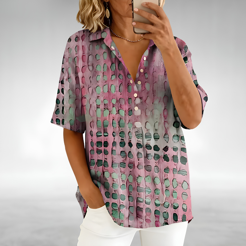 Collared Shirt for Women with Abstract Dot Print and Half Button Placket in Pink, front view
