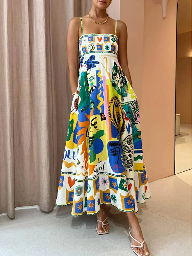 Abstract Print Maxi Sundress for Women with Thin Straps and Full Skirt in Multicolor, front view