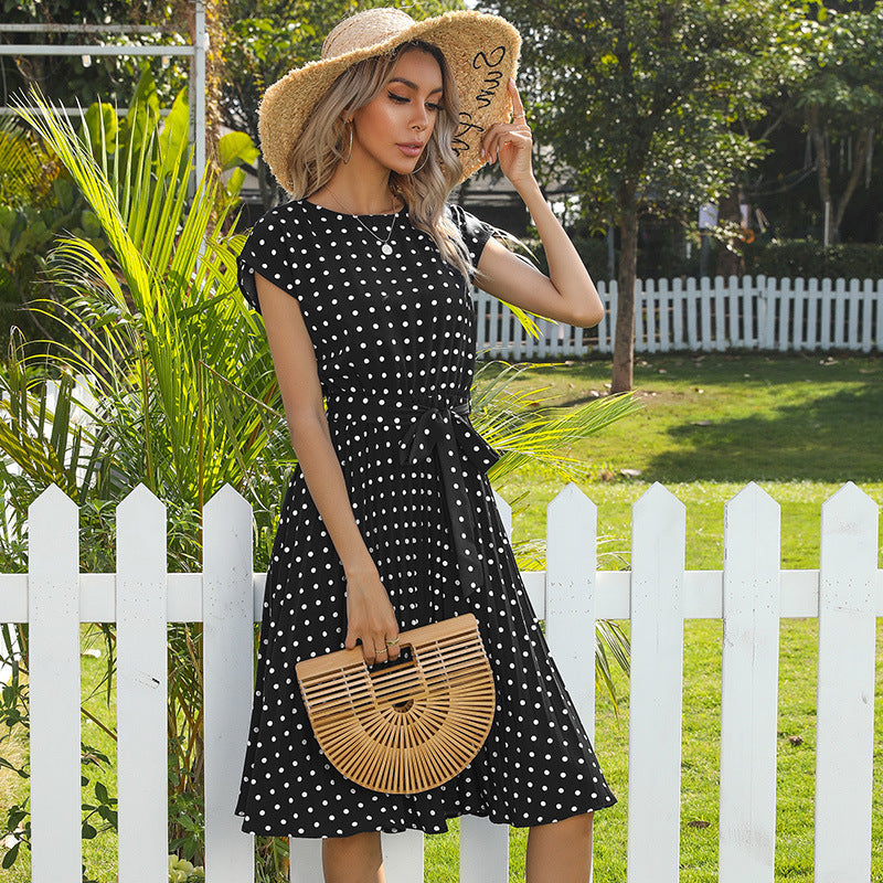 Short Sleeve Midi Dress for Women with Polka Dot Print and Tie Waist in Black, studio front view