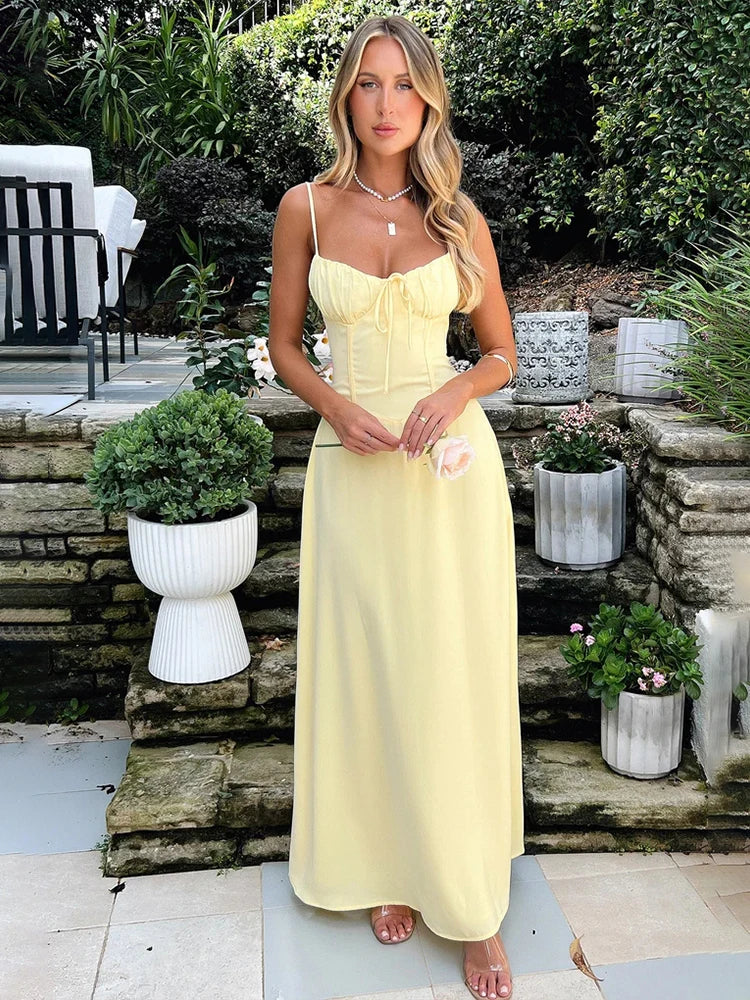 A-Line Maxi Dress for Women with Corset Bodice and Spaghetti Straps, studio back view