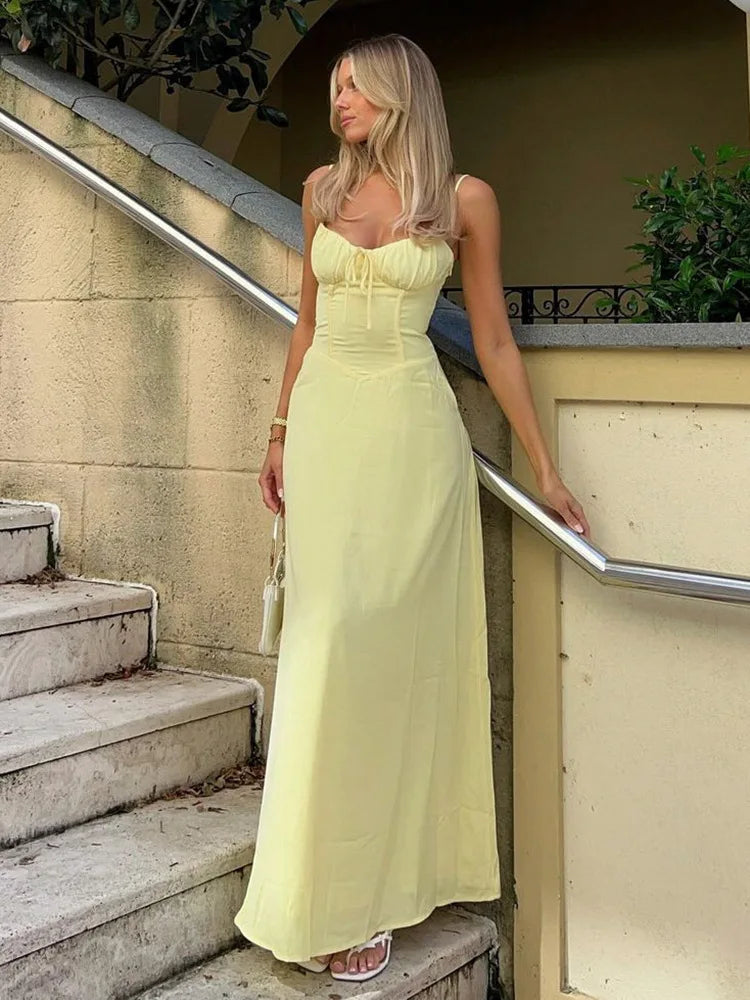 A-Line Maxi Dress for Women with Corset Bodice and Spaghetti Straps, studio side view