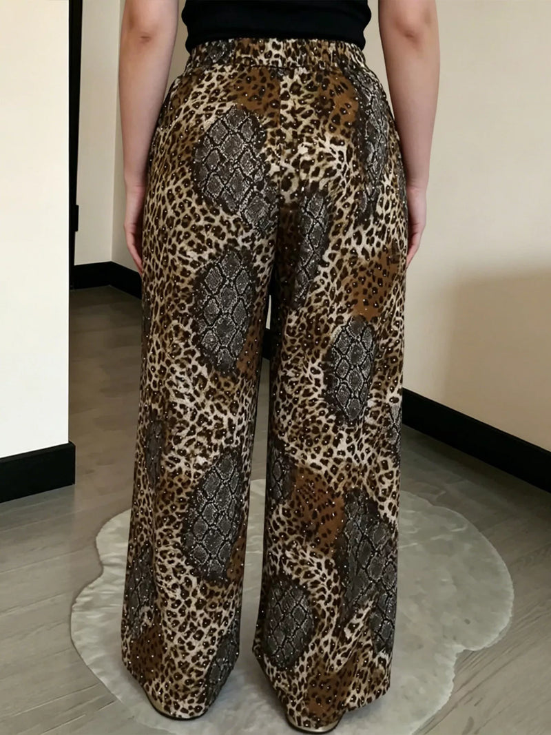 Animal Print Wide Leg Pants for Women with Drawstring Waist and Pockets in Snakeskin, back view