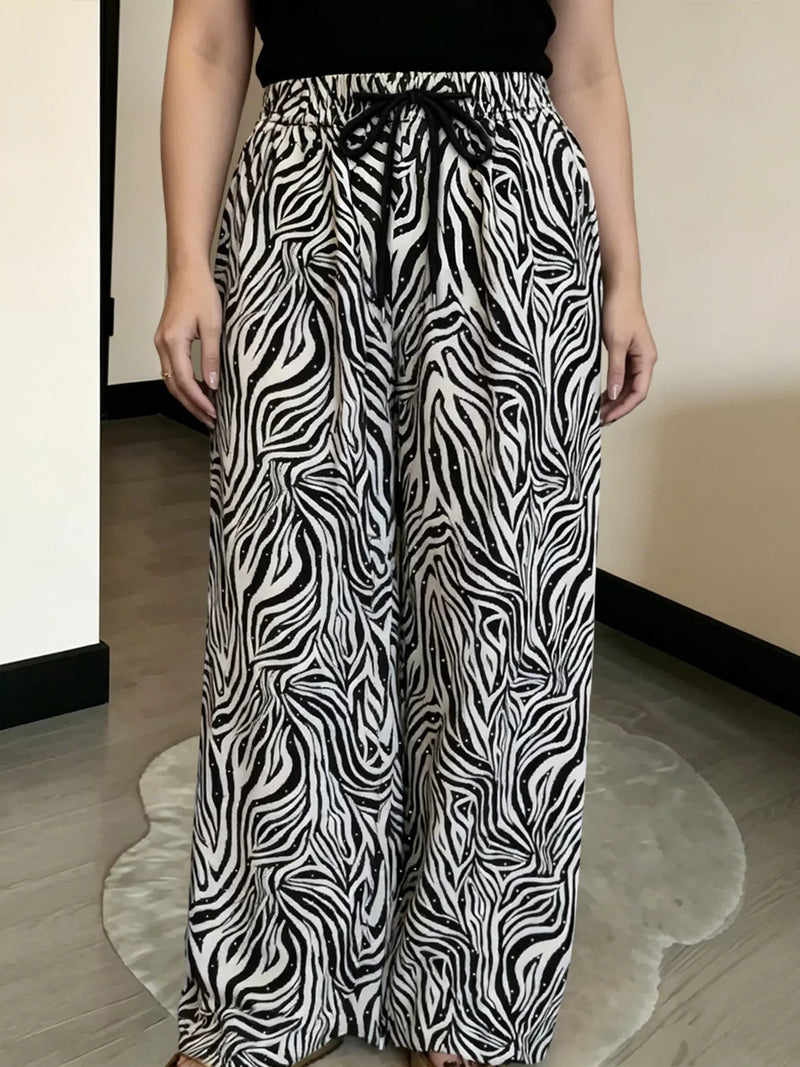 Animal Print Wide Leg Pants for Women with Drawstring Waist and Pockets in Zebra, front view