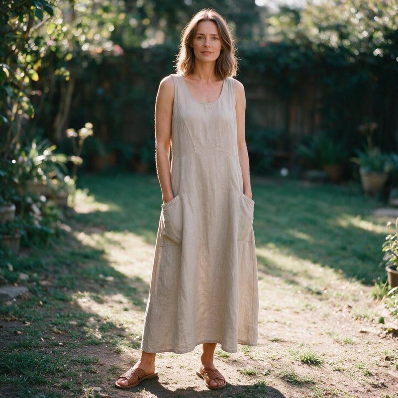 Plus Size Linen Sundress for Women with Double Pockets and Sleeveless Cut, studio front view