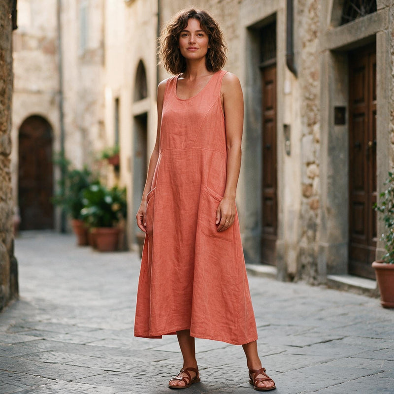 Plus Size Linen Sundress for Women with Double Pockets and Sleeveless Cut, styled view