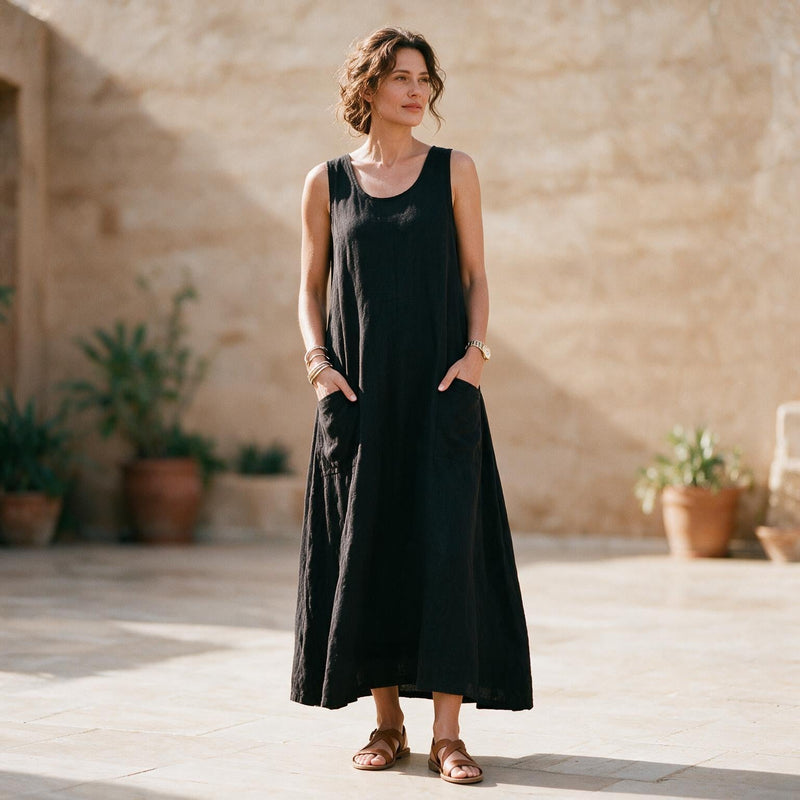 Plus Size Linen Sundress for Women with Double Pockets and Sleeveless Cut, sleeve detail