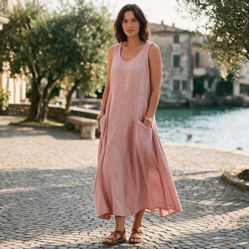 Plus Size Linen Sundress for Women with Double Pockets and Sleeveless Cut, waist detail
