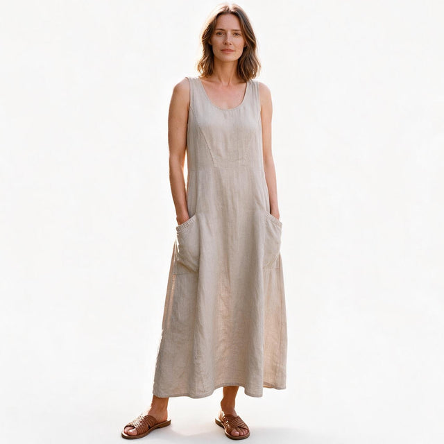Plus Size Linen Sundress for Women with Double Pockets and Sleeveless Cut in Khaki, studio front view