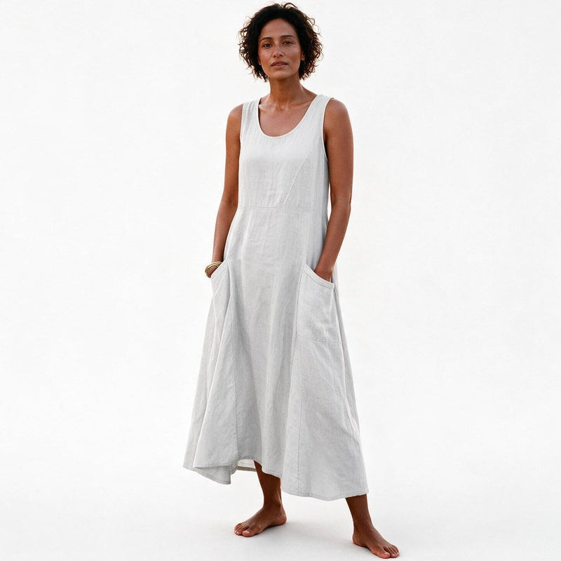 Plus Size Linen Sundress for Women with Double Pockets and Sleeveless Cut in White, studio front view