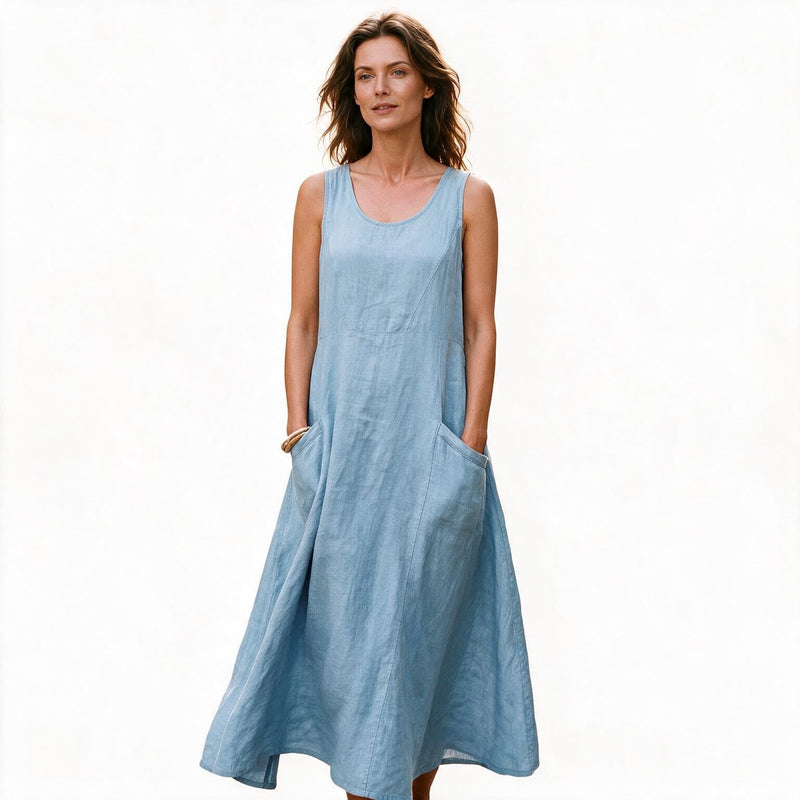 Plus Size Linen Sundress for Women with Double Pockets and Sleeveless Cut in Sky Blue, studio front view