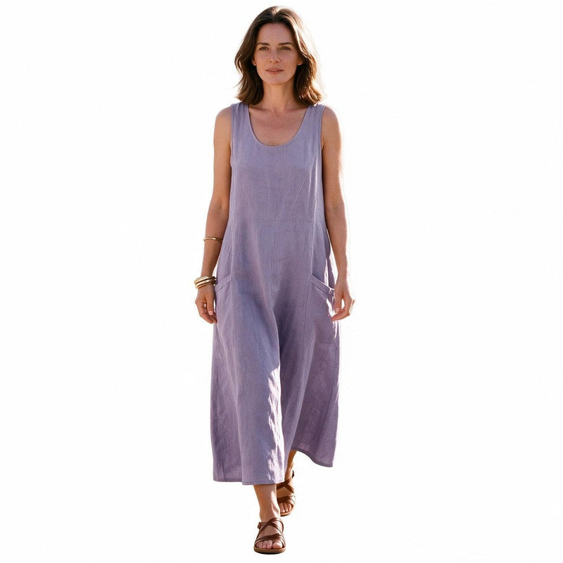 Plus Size Linen Sundress for Women with Double Pockets and Sleeveless Cut in Purple, studio front view