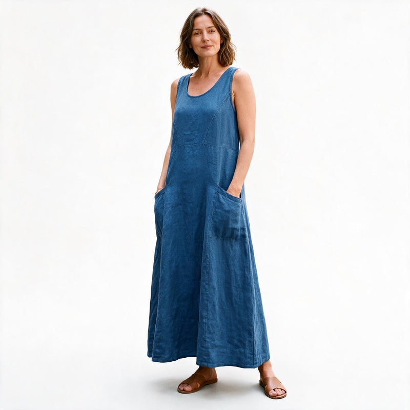 Plus Size Linen Sundress for Women with Double Pockets and Sleeveless Cut in Blue, studio front view