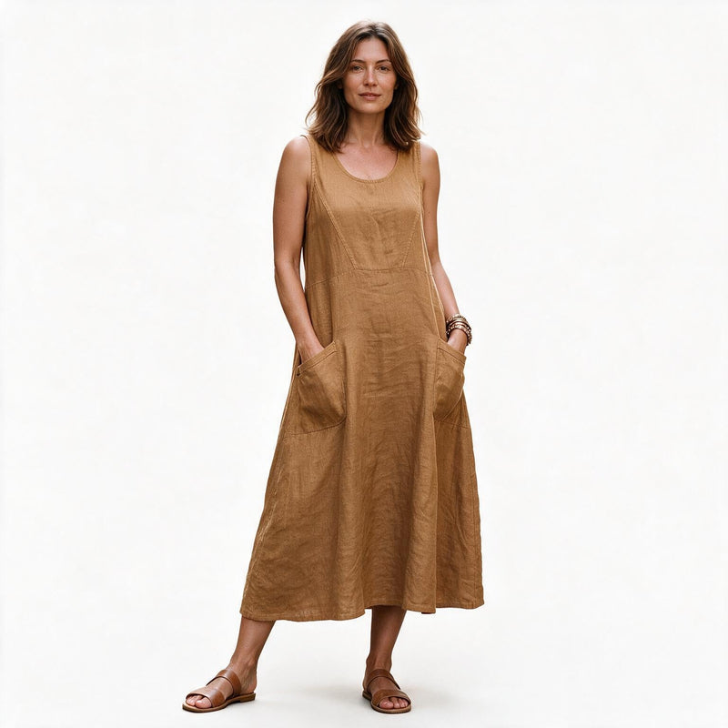Plus Size Linen Sundress for Women with Double Pockets and Sleeveless Cut in Light Brown, studio front view