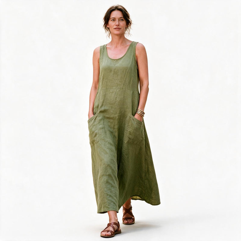 Plus Size Linen Sundress for Women with Double Pockets and Sleeveless Cut in Light Green, studio front view