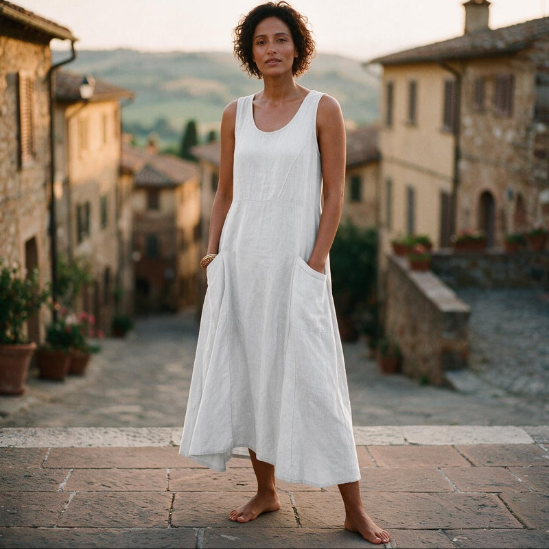 Plus Size Linen Sundress for Women with Double Pockets and Sleeveless Cut, studio back view