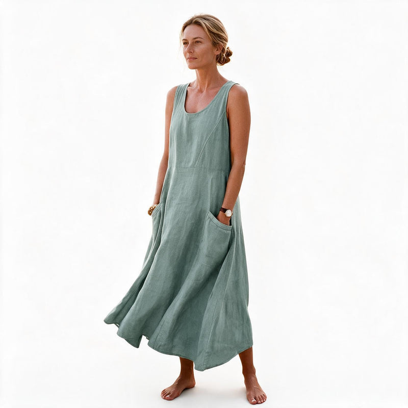 Plus Size Linen Sundress for Women with Double Pockets and Sleeveless Cut in Green, studio front view