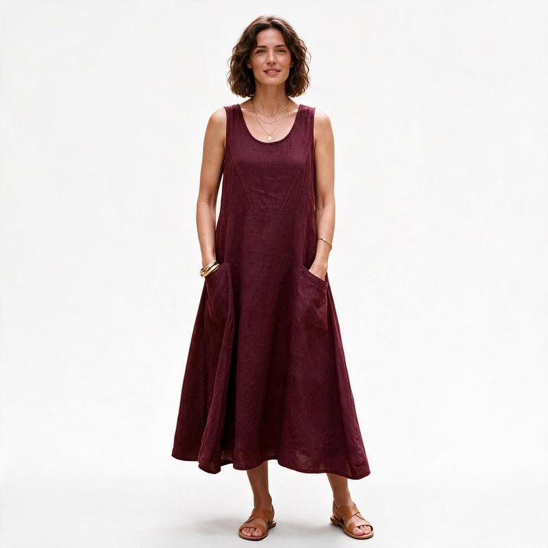 Plus Size Linen Sundress for Women with Double Pockets and Sleeveless Cut in Wine Red, studio front view