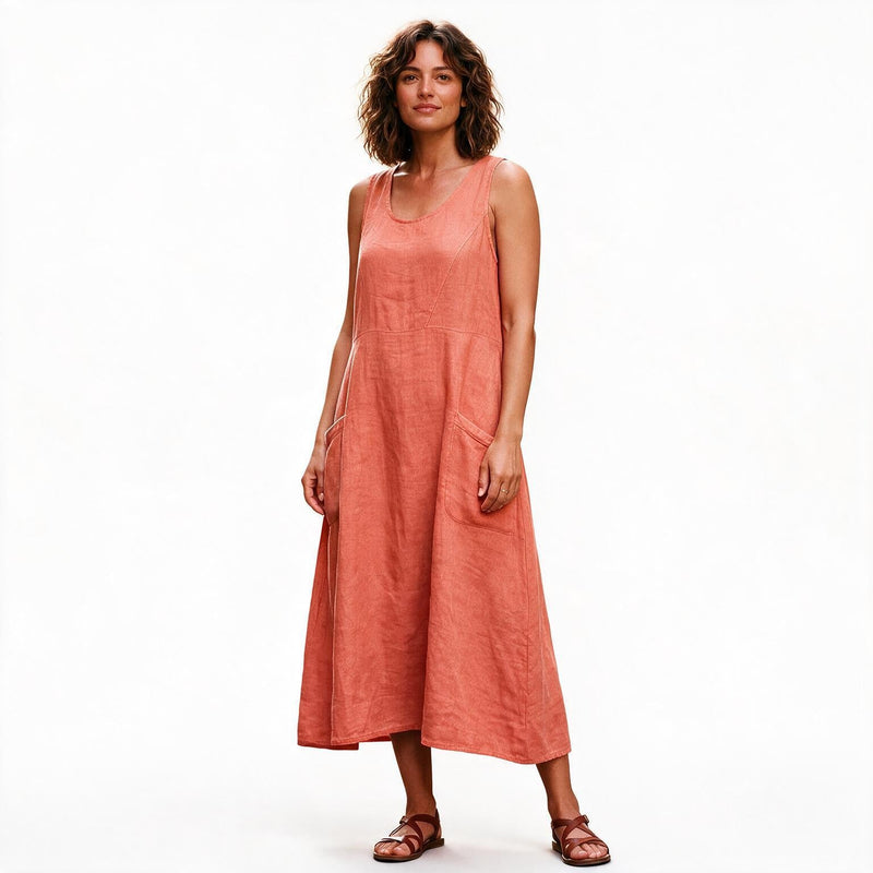 Plus Size Linen Sundress for Women with Double Pockets and Sleeveless Cut in Orange, studio front view