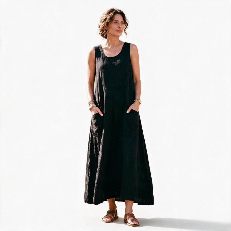 Plus Size Linen Sundress for Women with Double Pockets and Sleeveless Cut in Black, studio front view