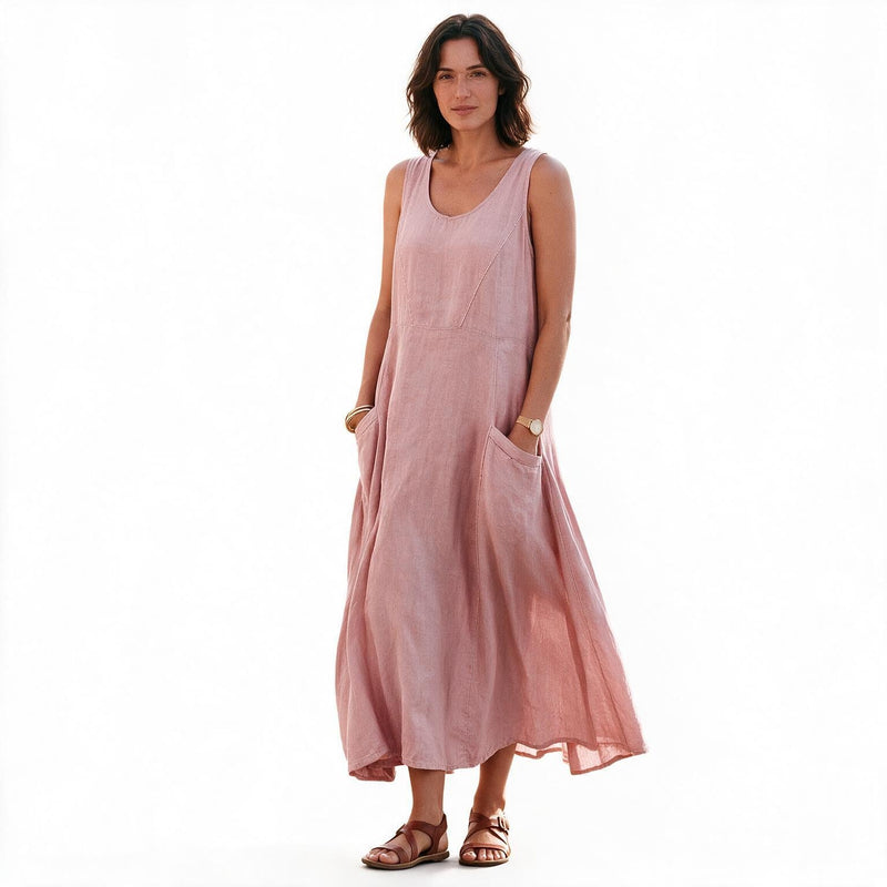 Plus Size Linen Sundress for Women with Double Pockets and Sleeveless Cut in Pink, studio front view